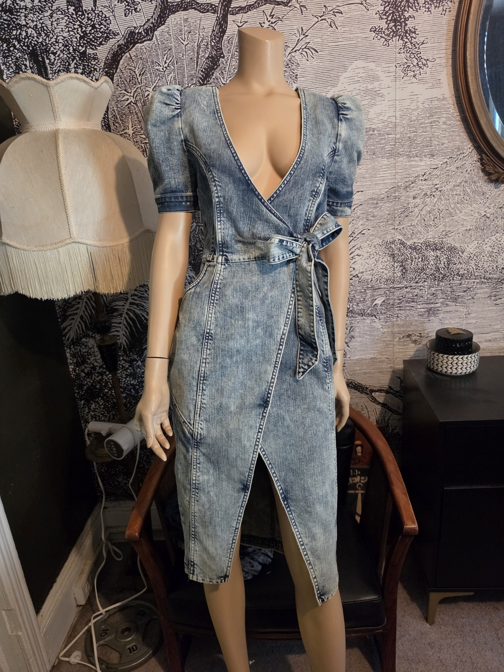 Retrofete Zelda Wrap Dress Sienna Blue Denim Puff Sleeve XS NWOT